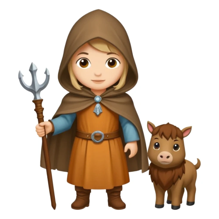 vorrei un piccolo buffo pellegrino medievale con abito e cappuccio marrone sotto la pioggia in stile stickers  sticker