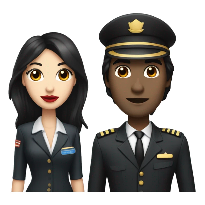Flight attendant with long black hair, red lips and white skin with a pilot man with beige skin and black hair sticker