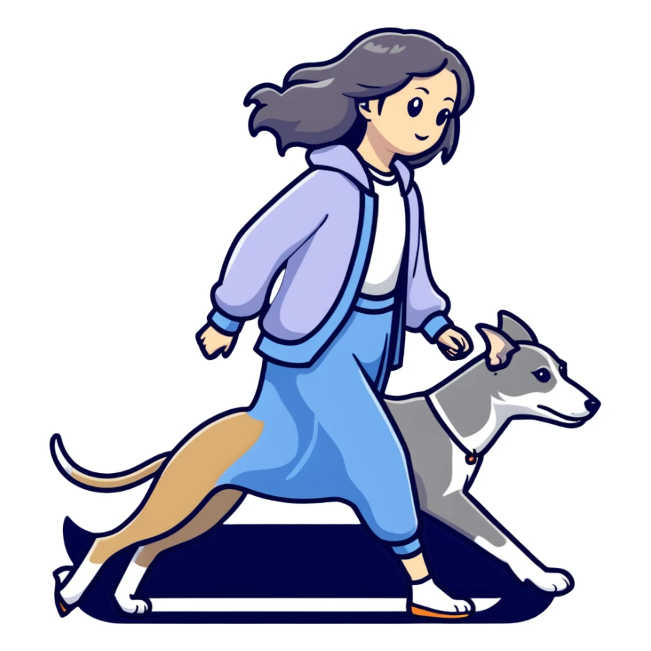Japanese girl with flowing hair walking a grey greyhound sticker