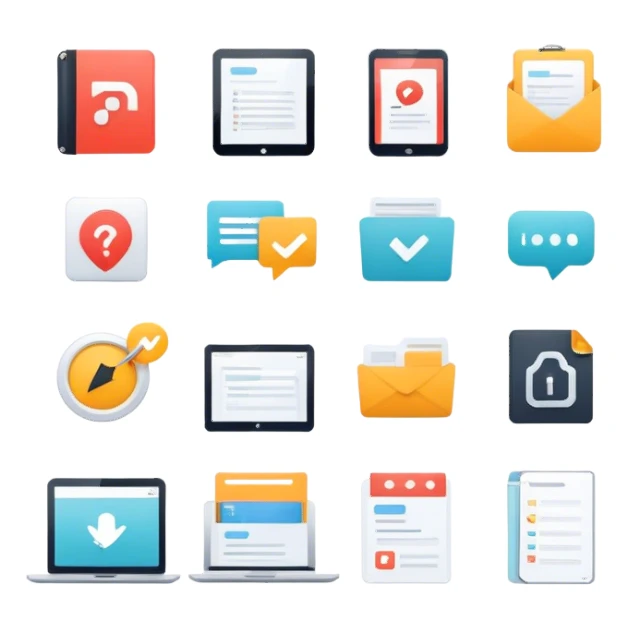 A set of icons representing digital products (infoproducts). The icons should include elements such as an e-book, an online course (play button on a screen), a webinar (video call window), a PDF document, a checklist, a subscription service, and a knowledge base. The design should be modern, minimalist, and visually cohesive, using a clean and professional color palette. sticker
