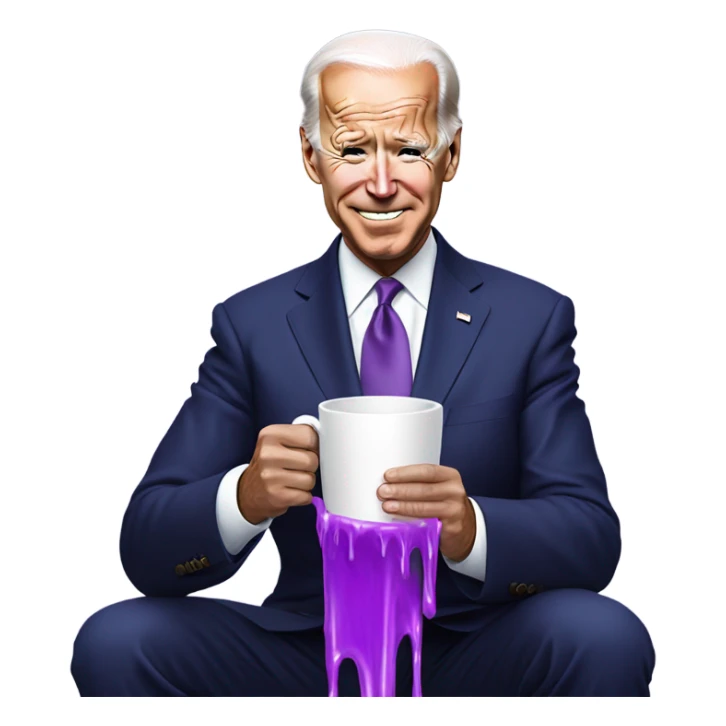 biden with purple liquid spilling out of white cup sticker