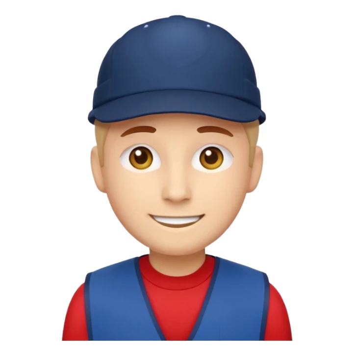 minimalist emoji-style character as a Lowe’s store worker, Apple emoji style, flat vector, front-facing, bright red vest, navy blue cap, rounded features, warm smile, simple eyes, no text, no logos, clean background sticker