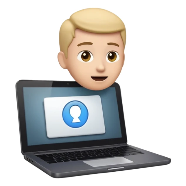 A dark-colored laptop with the screen open. From the screen, a person is emerging, giving a lecture or teaching. The person should look expressive and in a teaching pose. Soft shadows, semi-3D emoji style, clean background. video course sticker