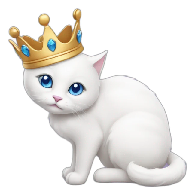 white cat with blue eyes and a crown on its head bites purple heart with its paws sticker
