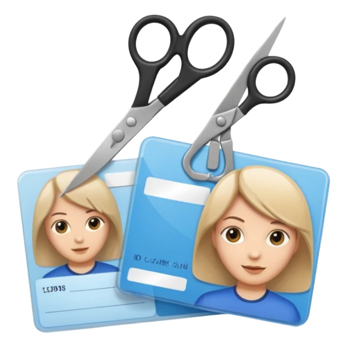 Scissors cutting ID card in 2 parts. Realistic sticker