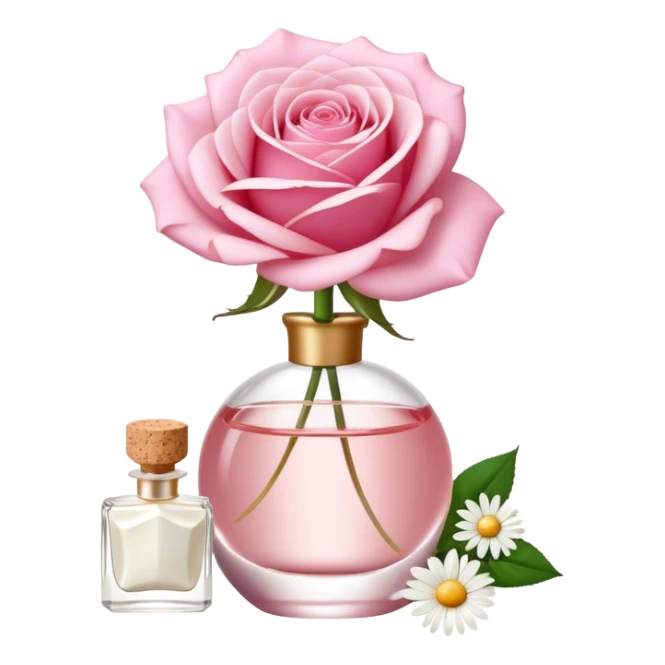 a beautiful aesthetic single rose in white and pink with an ivory bow and a pearl white perfume bottle with a white daisy on the cork sticker