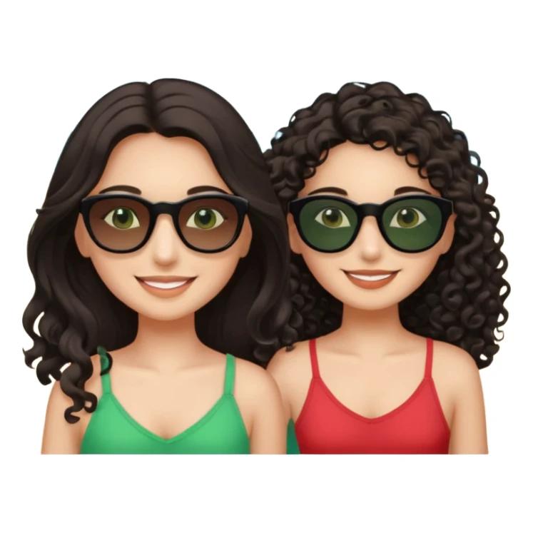 Two besties on the beach, black sunglasses, 1: long ironed straight darkbrown hair, green eyes, 2: long curly darkbrown hair, brown eyes  sticker