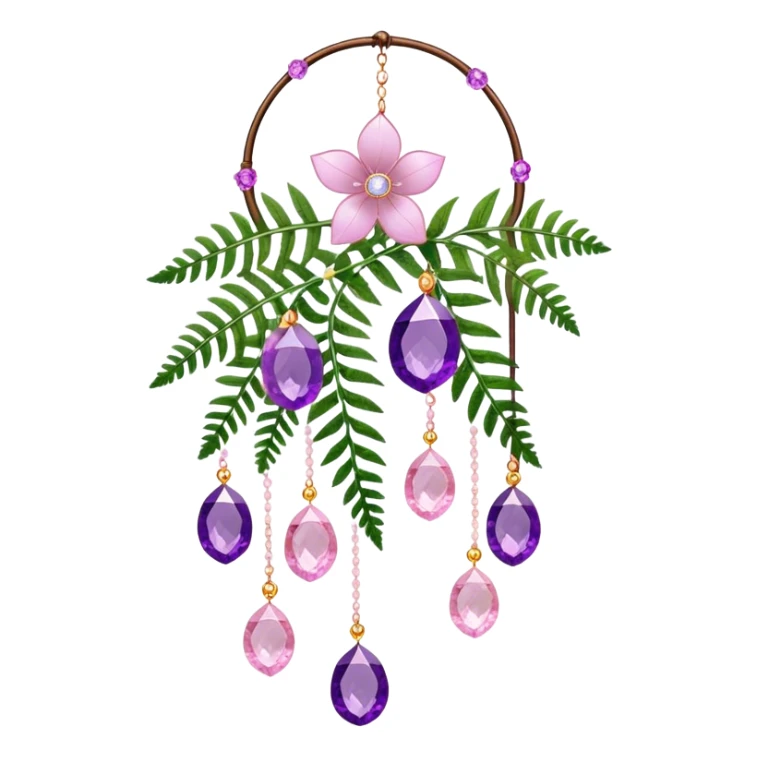 Hanging suncatcher, threads with shiny sparkly amethyst and rose-quartz gemstones, flowers, fern-leaves  sticker