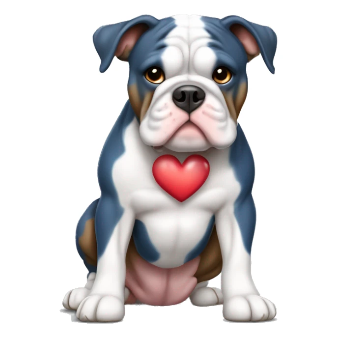 Blue tricolored olde English bulldogge with a heart sticker