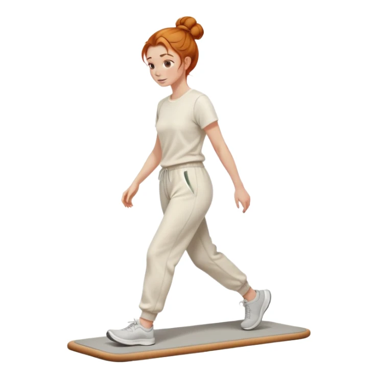 Gorgeous Ginger girl messy bun walking on walking pad cream sweatpants sticker