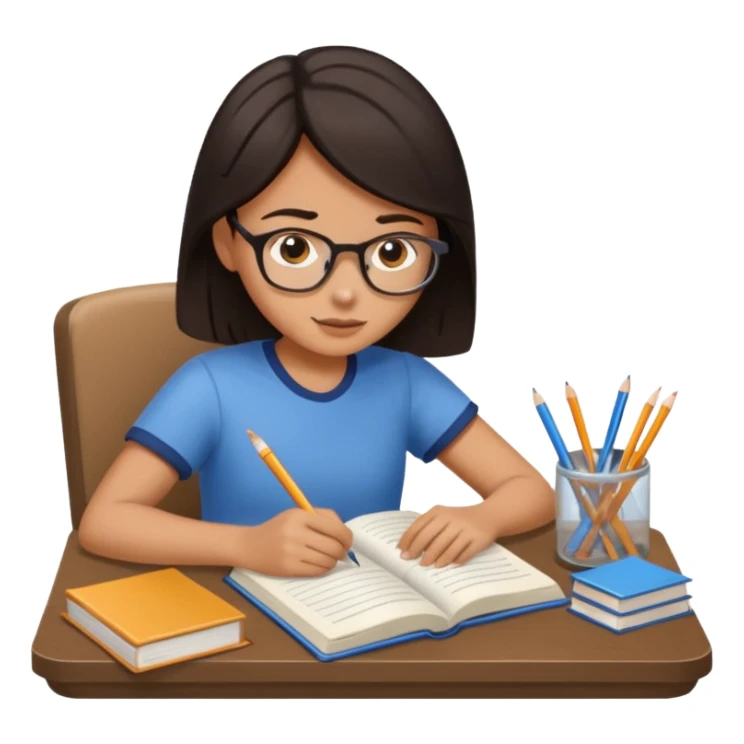A student with dark hair is reading a book and taking notes in a notebook. There are also papers and textbooks on the table. sticker