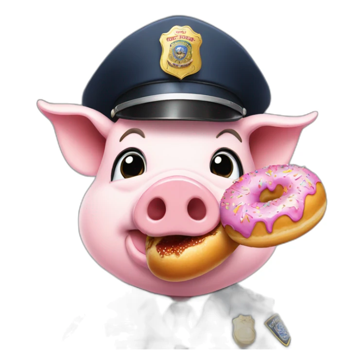 Pig in police hat eating donut with pistol sticker