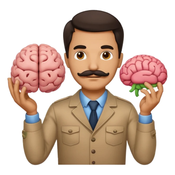 mustachioed man with dark hair holding a brain as an emoji sticker
