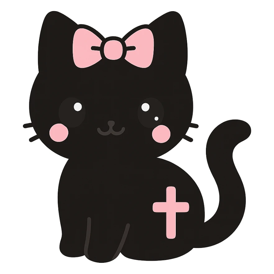 Replace the pet with a cute gothic black cat with a pink bow, keeping the kawaii gothic style. Preserve transparent background. sticker