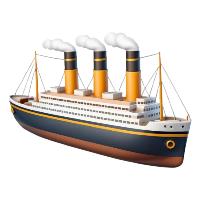 A miniature 3D Titanic ship emoji in Apple style, small and compact with smooth glossy surface, bright clean colors, simplified but recognizable details like smokestacks and windows, no facial features, floating on calm ocean, soft shadows, high-quality render, isolated on white background.



 sticker