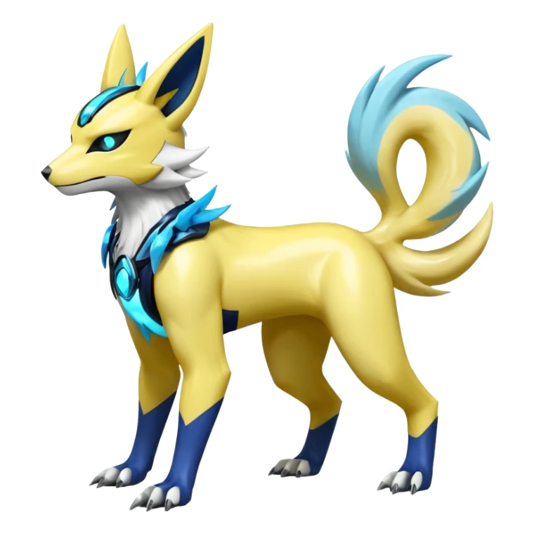 Shiny cyan glossy sparkly feral smooth soft yellow white electric complex futuristic white-cyber-masked Zeraora-Renamon-Electrike-Umbreon-Lombax-Weregarurumon-fusion-creature (full body sticker