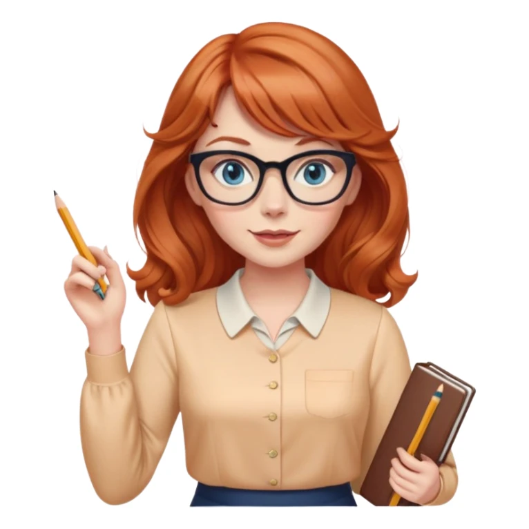 redheaded woman with long wavy hair and bangs, blue eyes, cat-eye glasses, pencil skirt, apricot blouse, holding a pencil, waving sticker