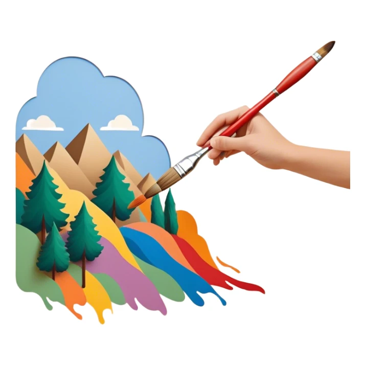 Create an icon that represents the hobby of wall painting, featuring a wall with a beautiful painting in progress. The design should include a paintbrush, a roller, and part of the wall decorated with colorful patterns or a mural. The icon should show the process of creating the artwork, with the brush strokes visible on the wall, symbolizing the artistic nature of the craft. The composition should be balanced and harmonious, evoking creativity and skill. The background should be transparent. sticker