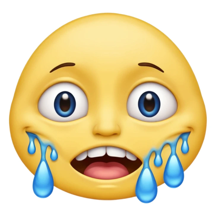 crying emoji with eyes open wide, visible eye bags, yellow emoji, visible teeth, stretched out mouth, blue tears, exaggerated  sticker