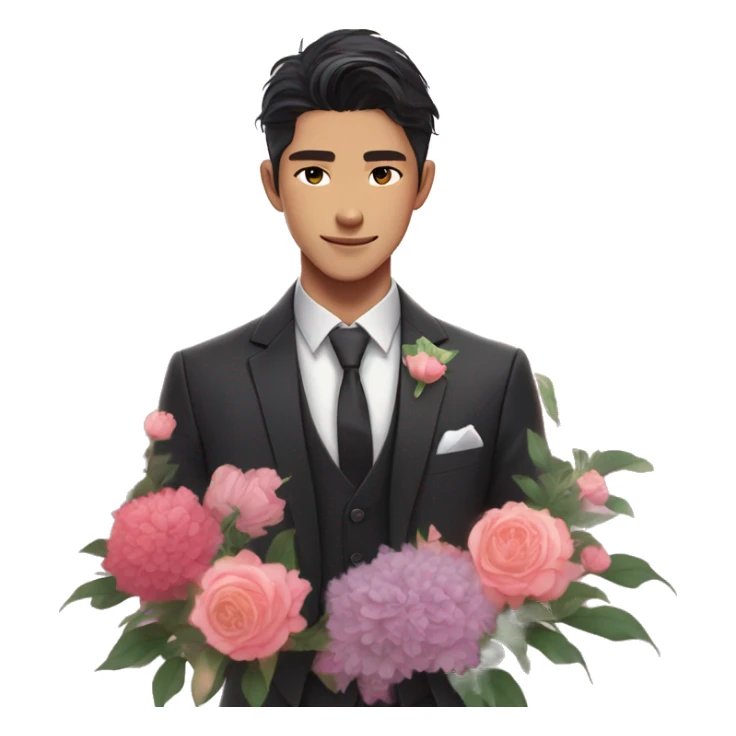 Gorgeous romantic anime style Asian formal modern gentlemanly guy with flowers and blushing face aesthetic trending style outside with colorful gradient colors sticker