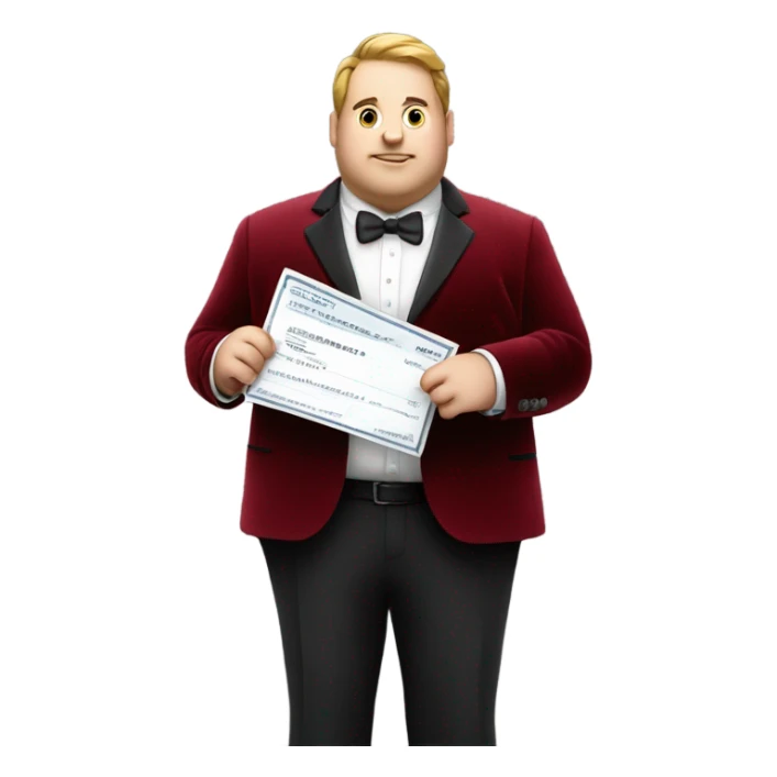 fat guy in dark red velvet suit holding cheque sticker
