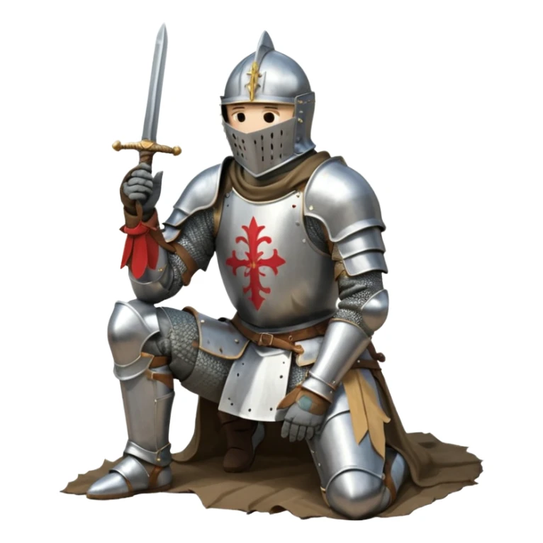 A lone medieval knight in plate, worn armor kneels. His helmet is closed, hiding his face, conveying silence, exhaustion and contemplation. A long sword is planted in the ground beside him, its hilt resting near his gloved hands as if he is praying or resting after battle. sticker