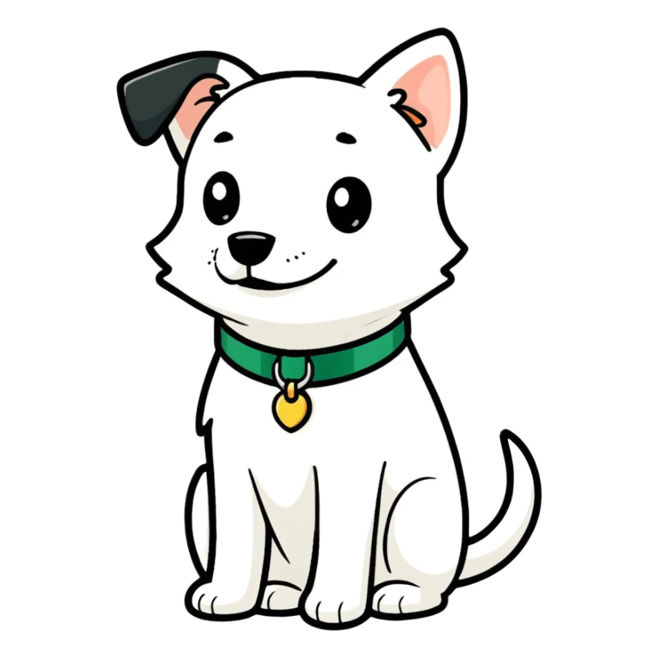 An all white dog with a dark green collar sticker