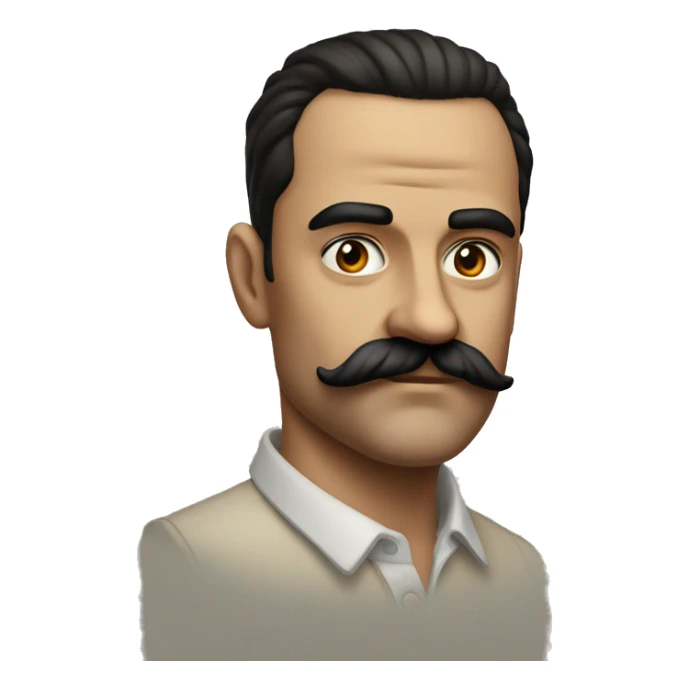 A man tht have prominent and rather large forehead, a dark, slicked-back hairstyle, and a distinctive mustache. His facial features, often depicted in historical photographs and films, include a stern expression with piercing eyes and a prominent nose sticker