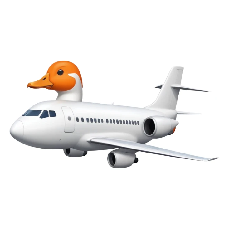 A commercial passenger airplane with a white goose head and orange beak replacing the cockpit sticker