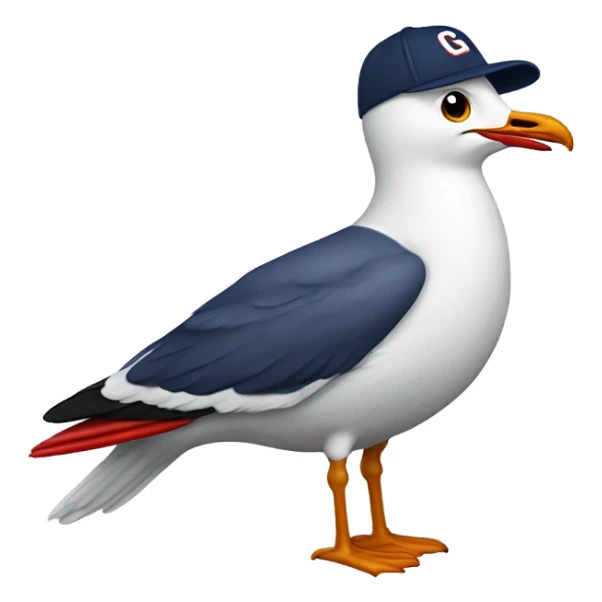 Seagull with wearing navy color baseball cap emblazoned with a red G initial sticker