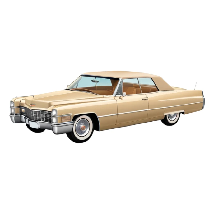 Minimalist beige 1966 Cadillac DeVille, simplified clean lines, 30-degree view, reduced details, essential features only, iconic silhouette, Once Upon a Hollywood inspired, iOS emoji style sticker