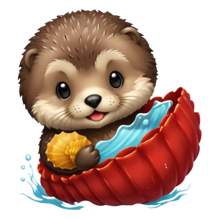 baby sea otter pup holding a red scallop shell sticker