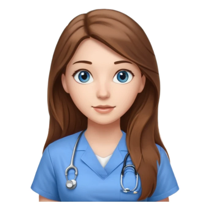 inside a classroom at university that says nursing school on the board with a pretty female nursing student with long brown hair, blue eyes sticker