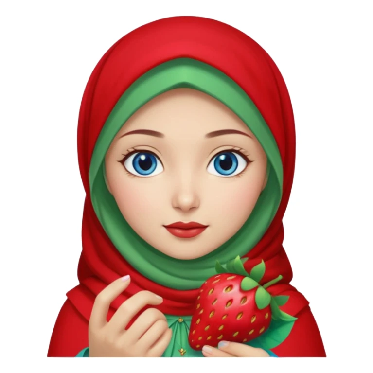 Turkish beautiful finish Konya girl blue eyes with red light green hijab islamic dress and had on her hand strawberry  sticker