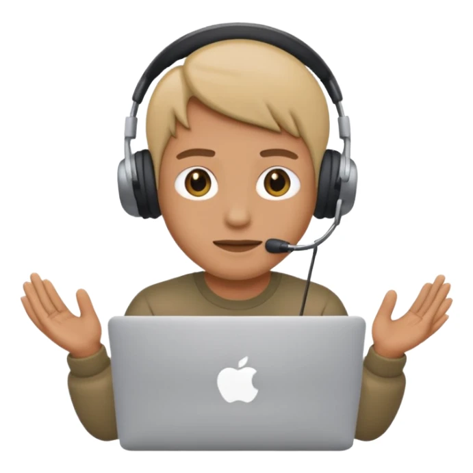 person sitting behind a MacBook, recording himself with an iPhone, apple style emoji sticker