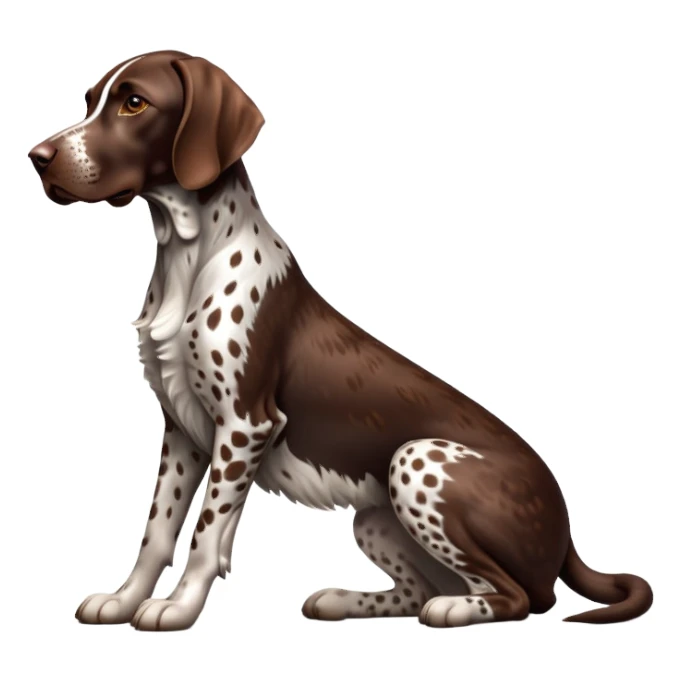 cinematic-[german pointer]-realistic-full-body-sitting-emoji,-tail-resting-loosely-beside-its-paws,-head-tilted-dramatically,-sleek-[brown and white spotted]-fur,-simplified-yet-realistic-focused-features,-highly-detailed,-glowing-with-an-almost-sarcastic-glow sticker