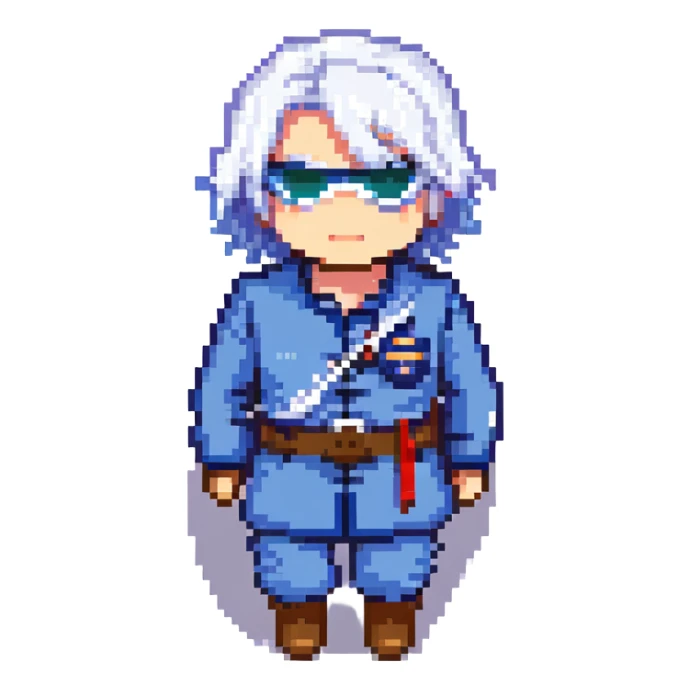 Satoru Gojo chibi white hair blindfold blue uniform pixel art style sticker