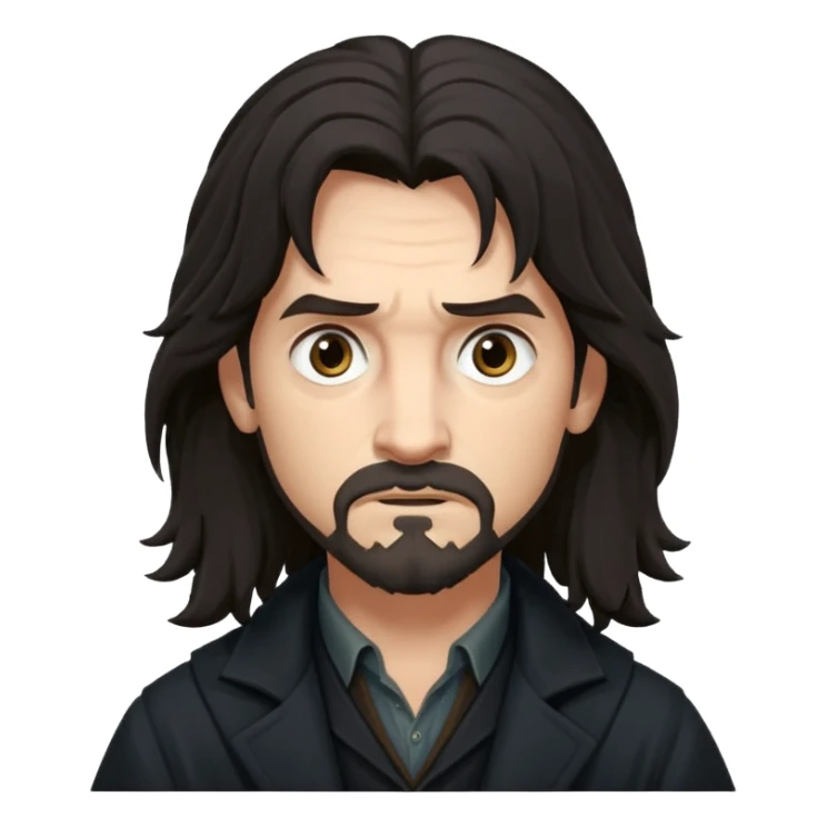 Sirius Black emoji, long dark hair, rugged features, mysterious expression, dark coat, inspired by Harry Potter films sticker