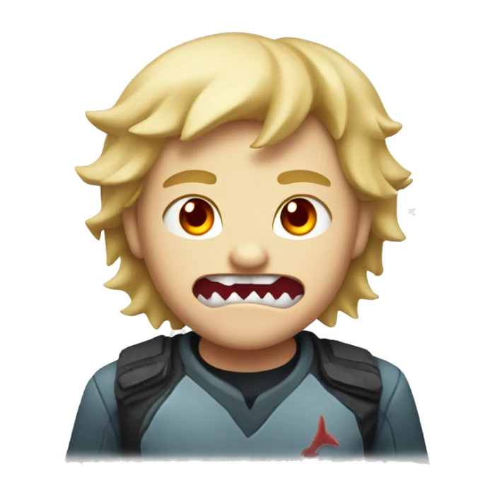 a boy with blond hair, red eyes and shark teeth with an angry smile sticker