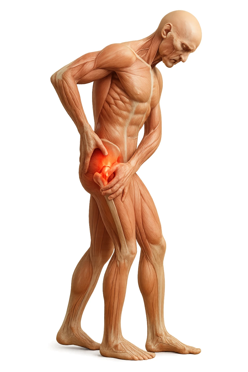 CORPO UMANO ANATOMICO DI PROFILO A FIGURA INTERA REALISTICO CHE SI TOCCA L'ANCA INFIAMMATA, DOLORE ALL'ANCA, IPERREALISTICO 4K sticker