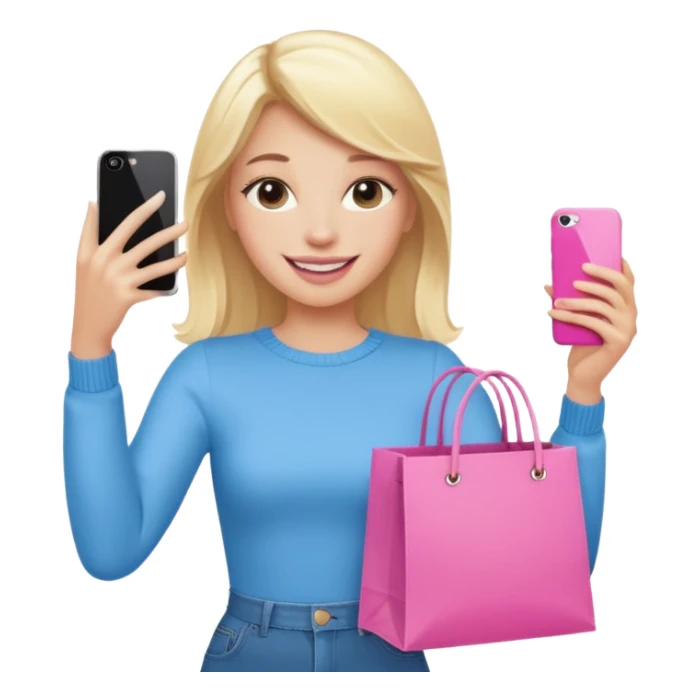 Blond influencer taking selfie with an iphone with one hand and a pink shopping bag in the other hand sticker