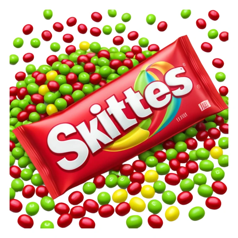 Original red Skittles package opened with logo visible, with only lime green Skittles candies spilling out, no other colors of candy sticker
