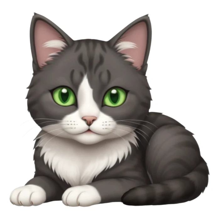 beautiful female solid dark grey cat with green eyes, white toes/paws and white patch on her chest lying down sticker