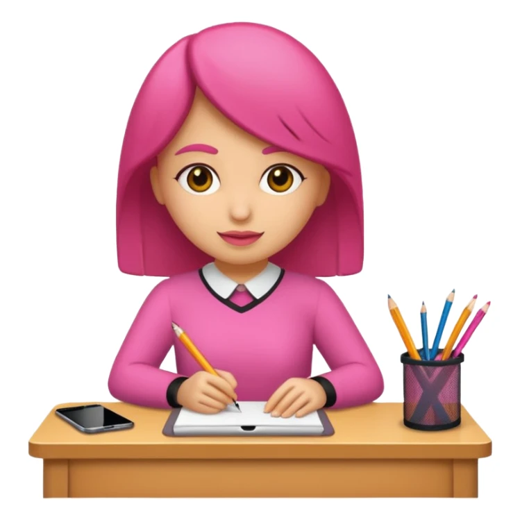 chica rosa pensando ideas con un escritorio sticker