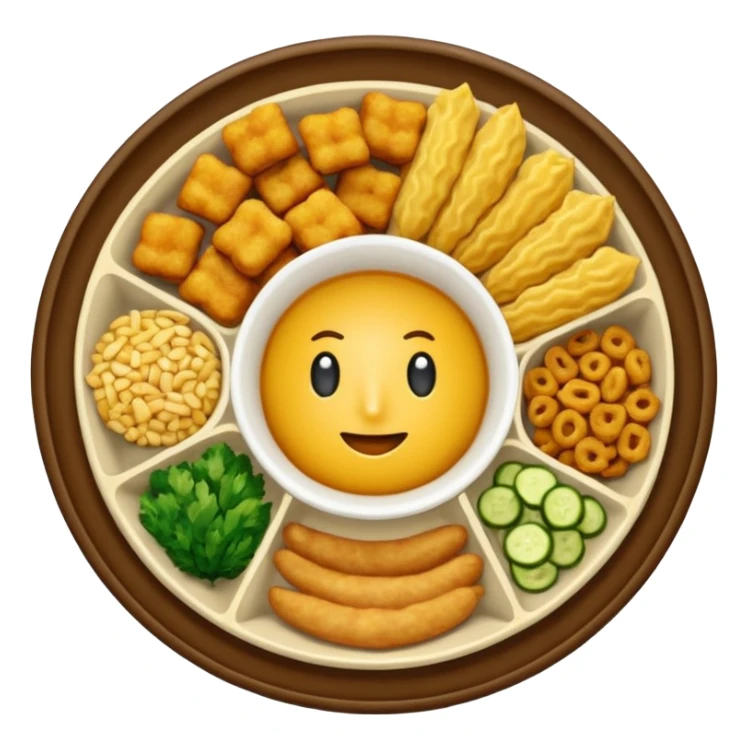 Plato redondo visto desde arriba con chicharrón crujiente dorado, acompañado de arroz frito con vegetales (zanahoria, arvejas, cebollín) y pequeños cubos de colores, sticker