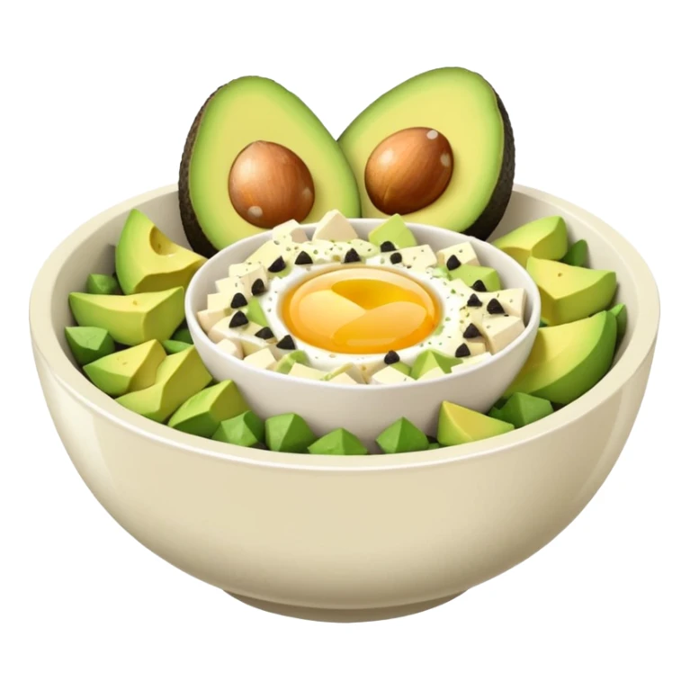 a bowl with egg whites, tofu cubes, and avocado slices sticker