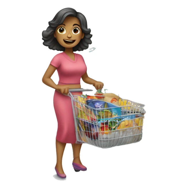 mujer hermosa llevando carro de compras lleno de productos de supermercado sticker
