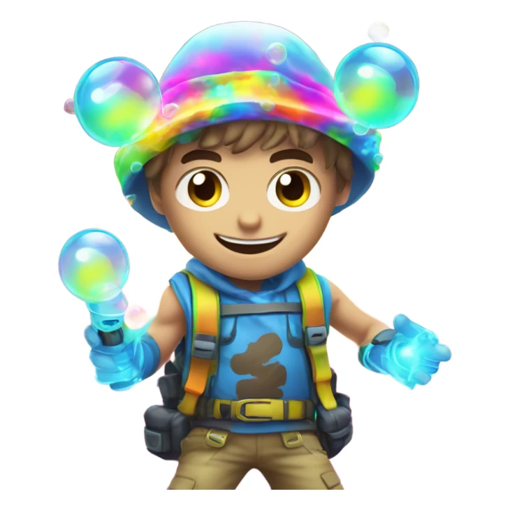 Caucasian boy at rave wearing a glowing outfit and glowing hat with bubble guns in each hand with bubbles all around sticker