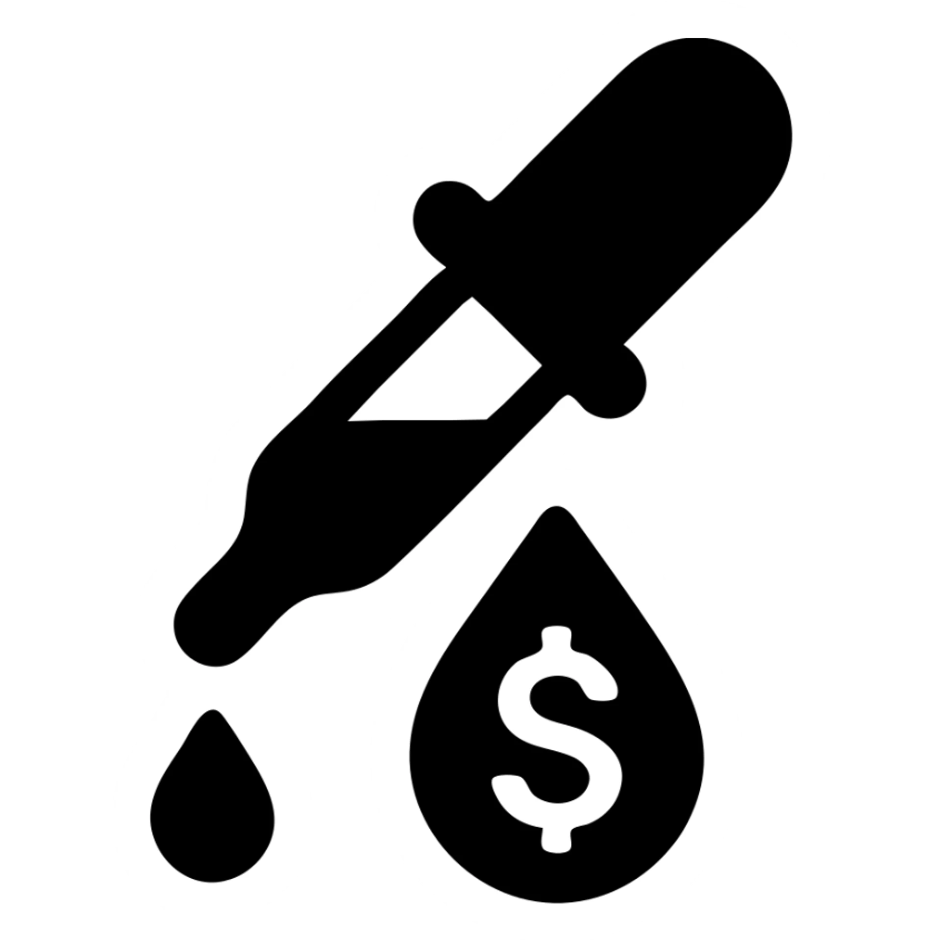 solid icon of a pipette with a golden drop, dollar sign inside the drop sticker