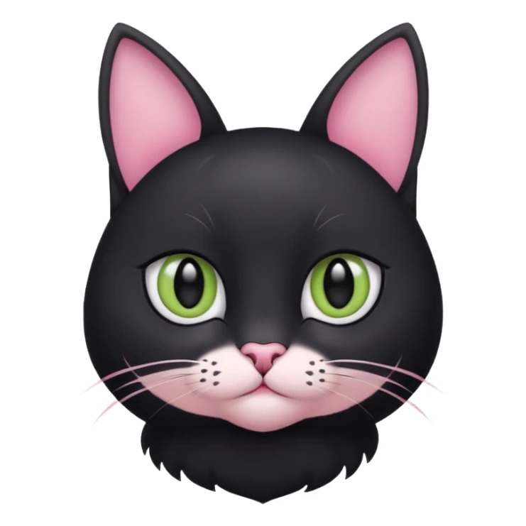 a black cat with black pupils and white eyes, with soft pink ears, looking to the side in an Apple-style sticker